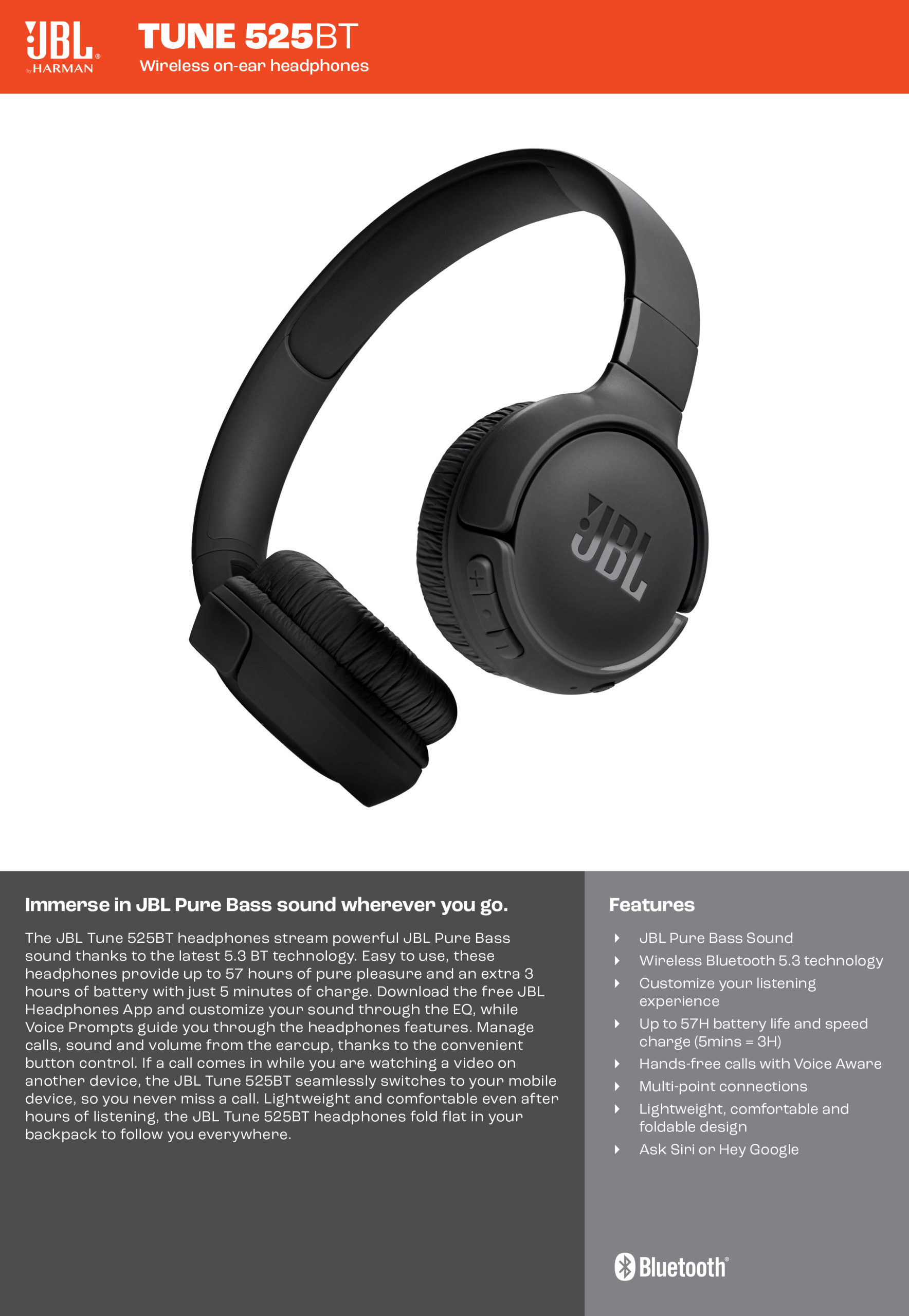 JBL Tune 525BT Wireless on ear Headphones