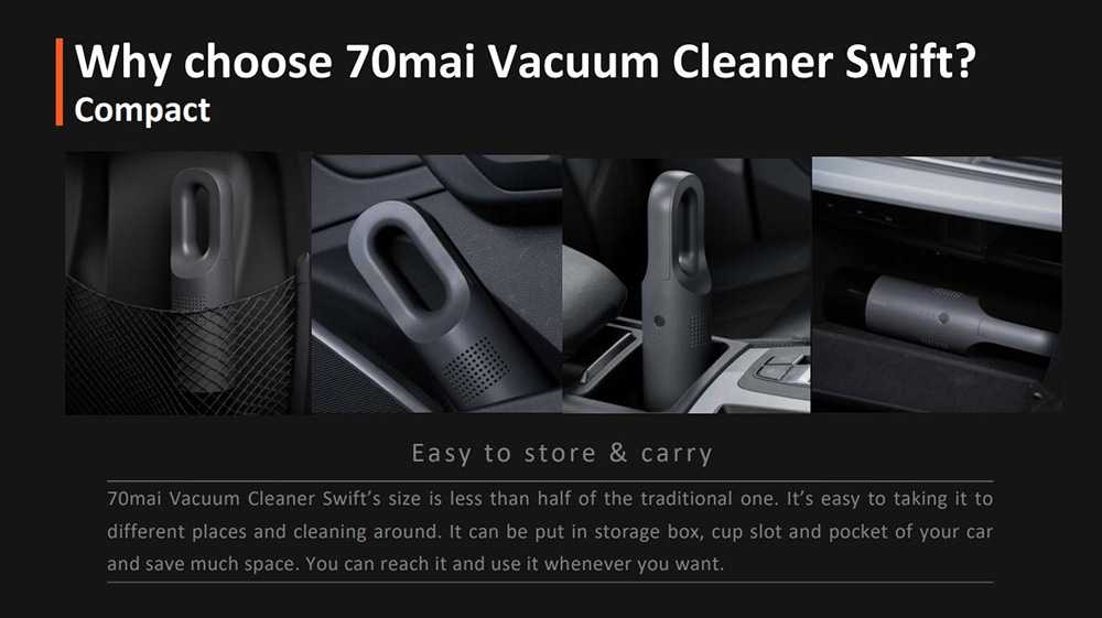 70mai Swift Handheld Vacuum Cleaner Wireless 5kPa Suction Car Cleaner International Version (Xiaomi Ecosystem Product) - Black