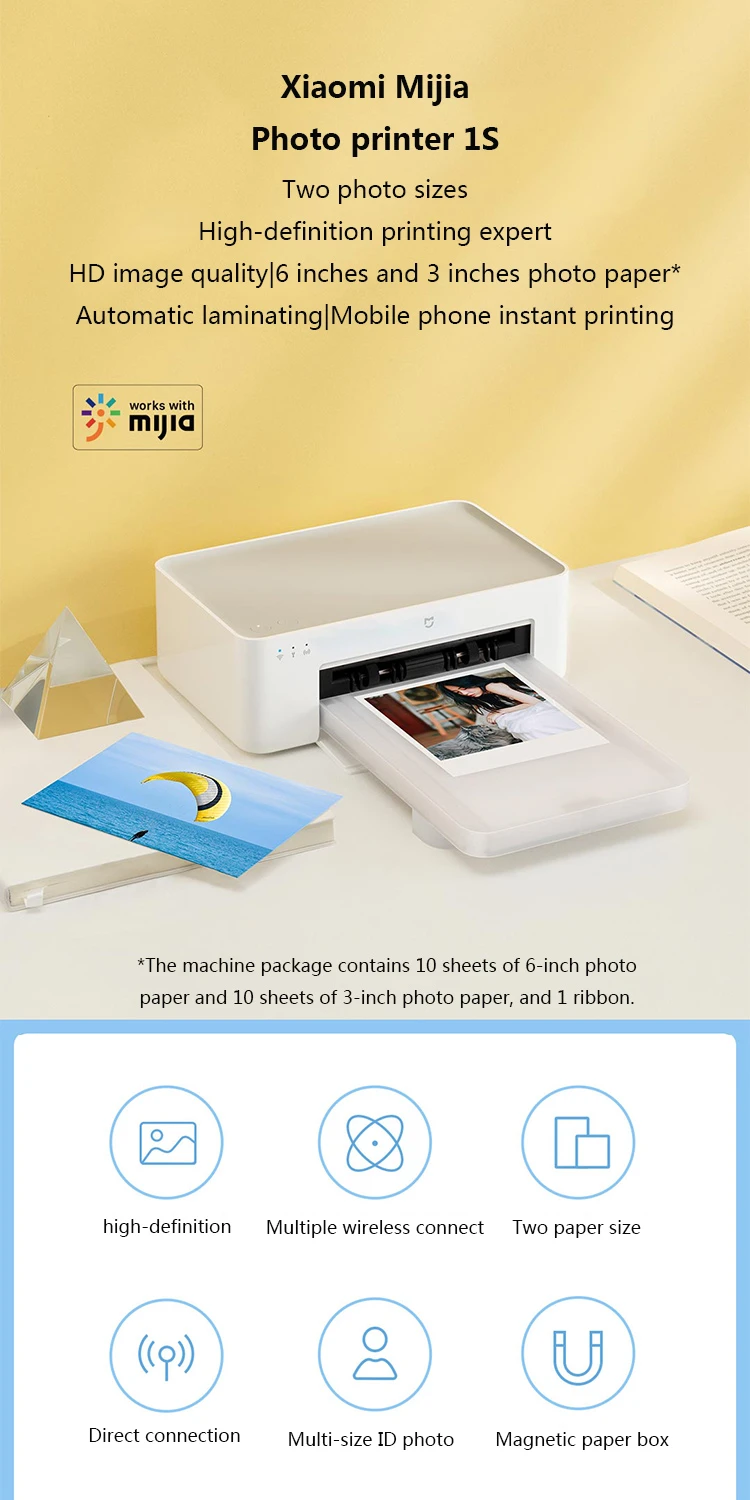 طابعة صور XIAOMI Mijia 1S أوتوماتيكية للتغليف، تطبيق ذكي محمول، طابعة ورق صور عن بعد مع ورق صور لاصق 3 بوصة Xiaomi Instant Photo Printer 1S Set