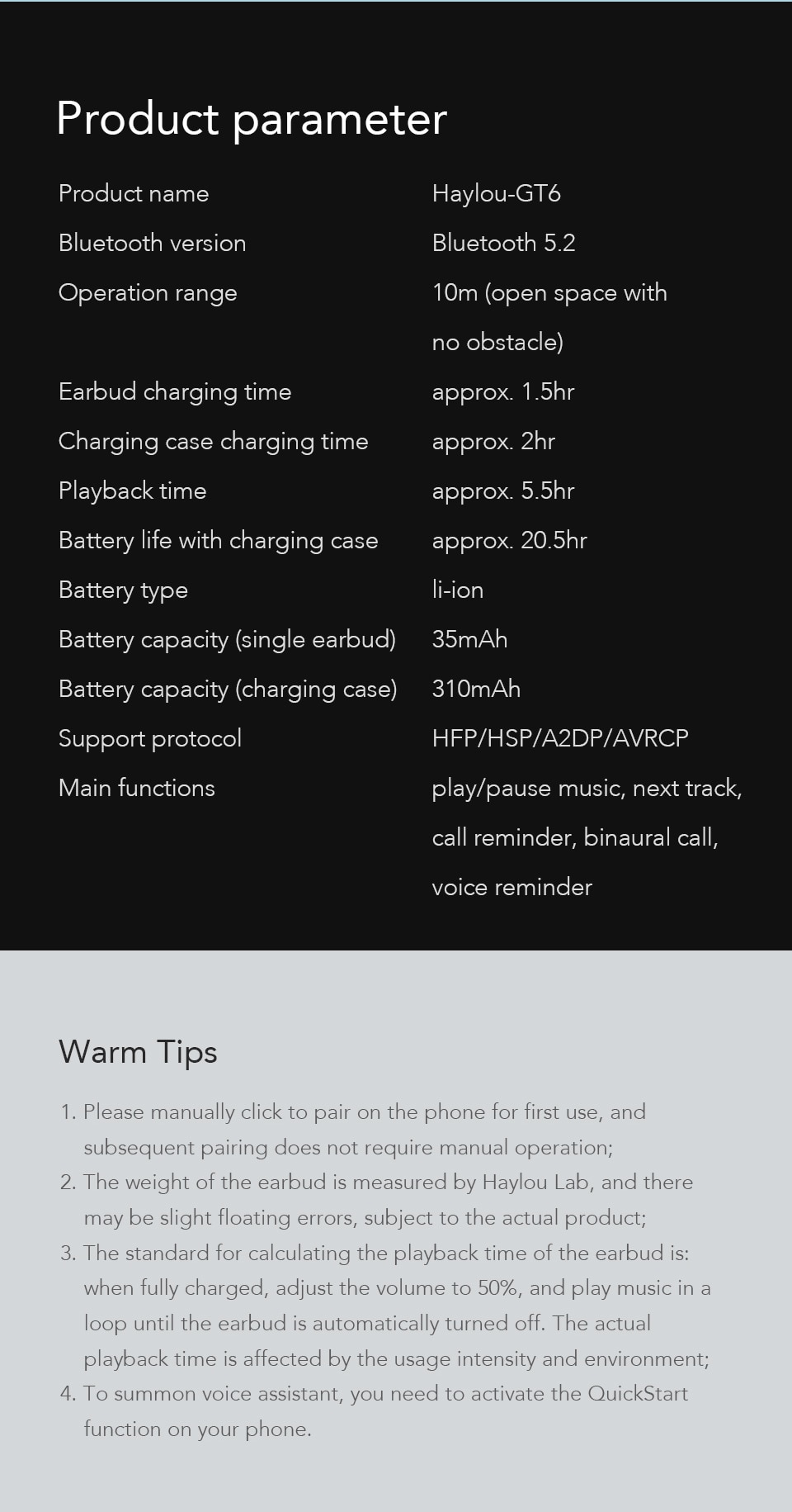 Haylou GT6 Automatic Pairing Bluetooth 5.2 Earphones
