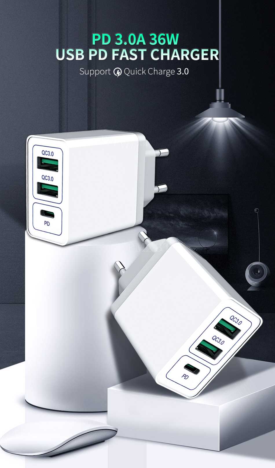 روكاس Xiaomi 2 Port USB QC 30 36W Fast Charger