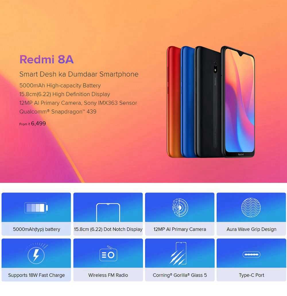 Xiaomi Redmi 8A 6.22 Inch 4G LTE Smartphone Snapdragon 439 2GB 32GB 12.0MP+8.0MP Dual Cameras Fingerprint ID Dual SIM MIUI 10 Global Version - Blue