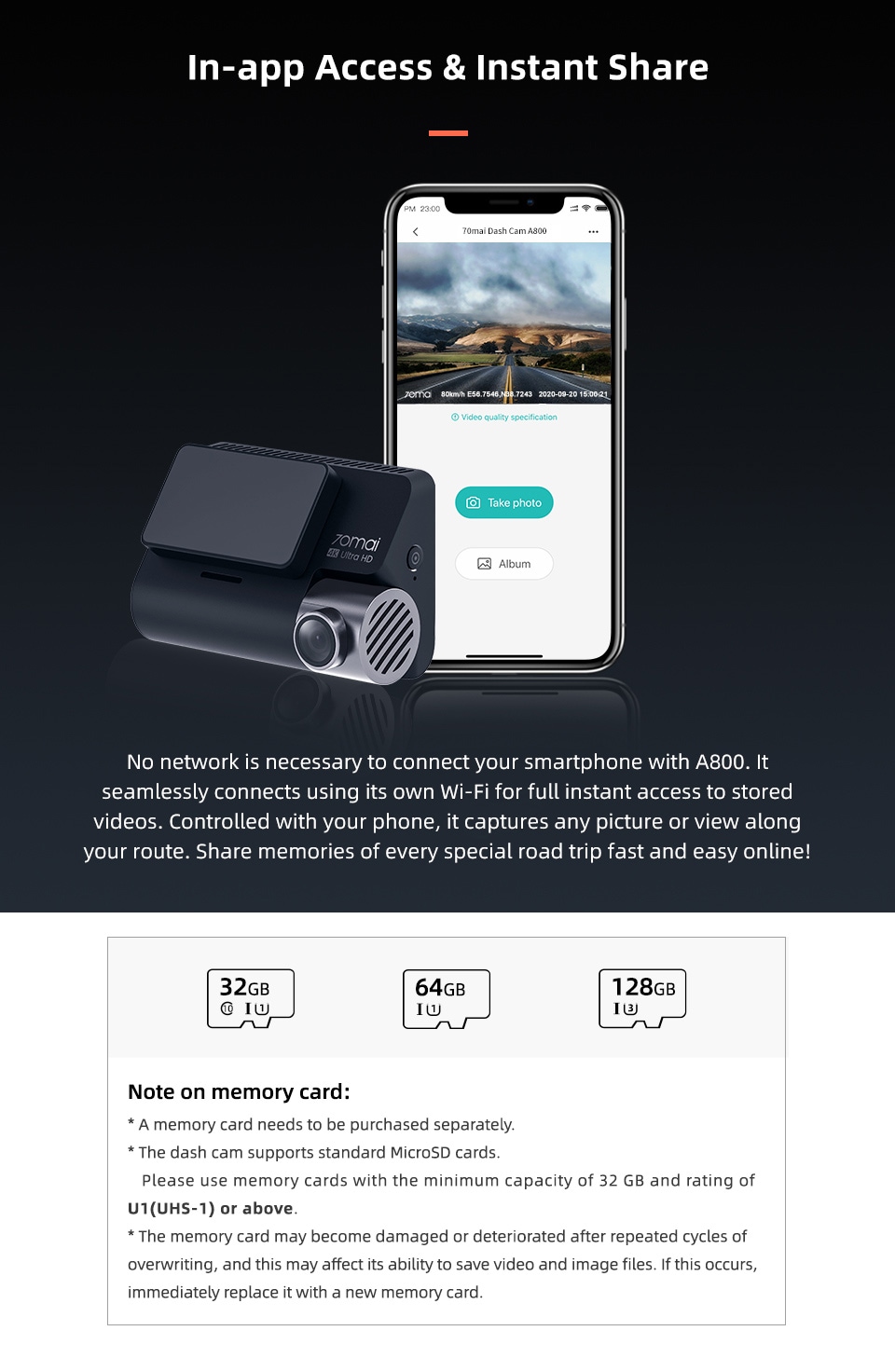 New 70mai A800 Dual-vision 4K Dash Cam Global