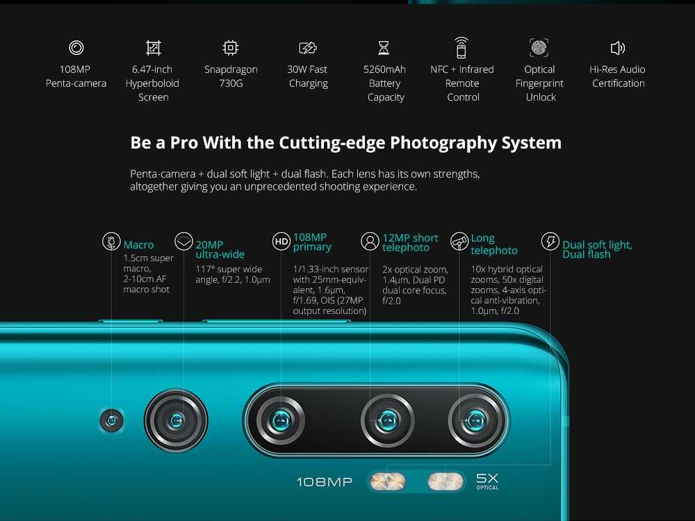 Xiaomi Mi Note 10 (CC9 Pro) Teléfono con cámara Penta de 108MP Phablet 4G de 6,47 pulgadas Versión global con 6GB RAM 128GB ROM 5260mAh Batería Carga rápida - Blanco Xiaomi Note 10 108MP Penta Camera Smartphone Wholesale
