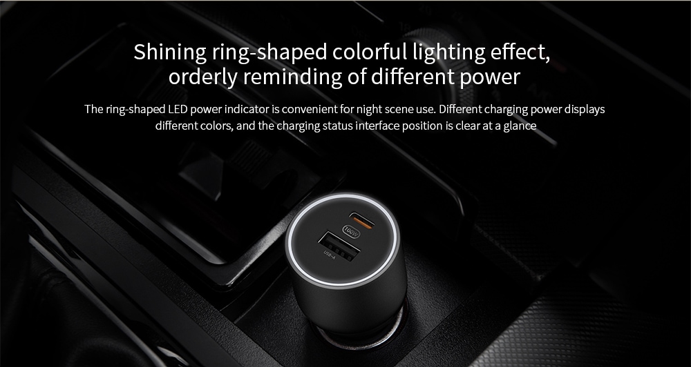 شاحن سيارة Xiaomi CC07ZM، تأثير إضاءة ملون على شكل حلقة لامعة، تذكير منظم بقوة مختلفة Xiaomi 100W Fast Charging Car Charger Wholesale