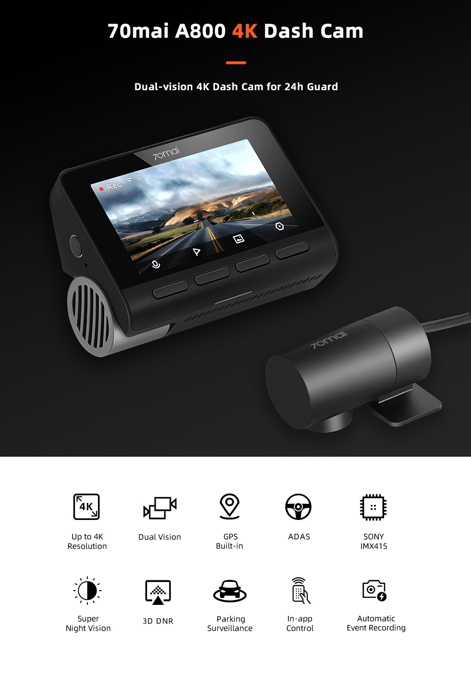 New 70mai A800 Dual-vision 4K Dash Cam Global