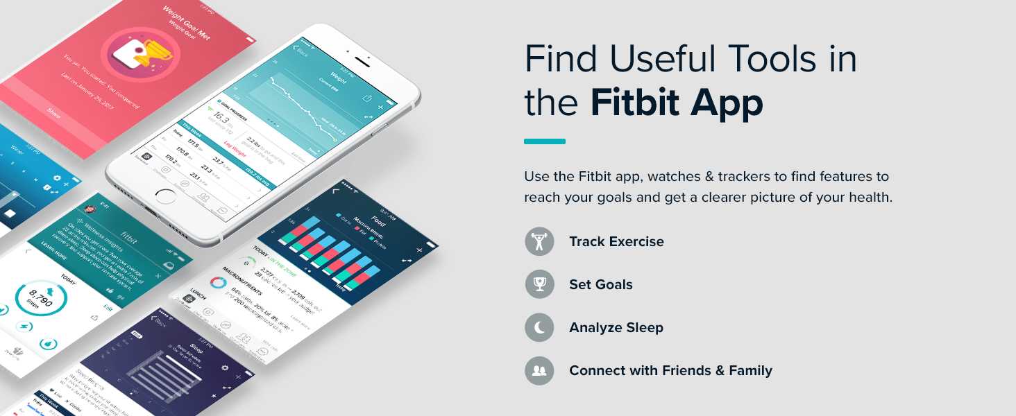 Smart phone screens showing fitbit mobile app