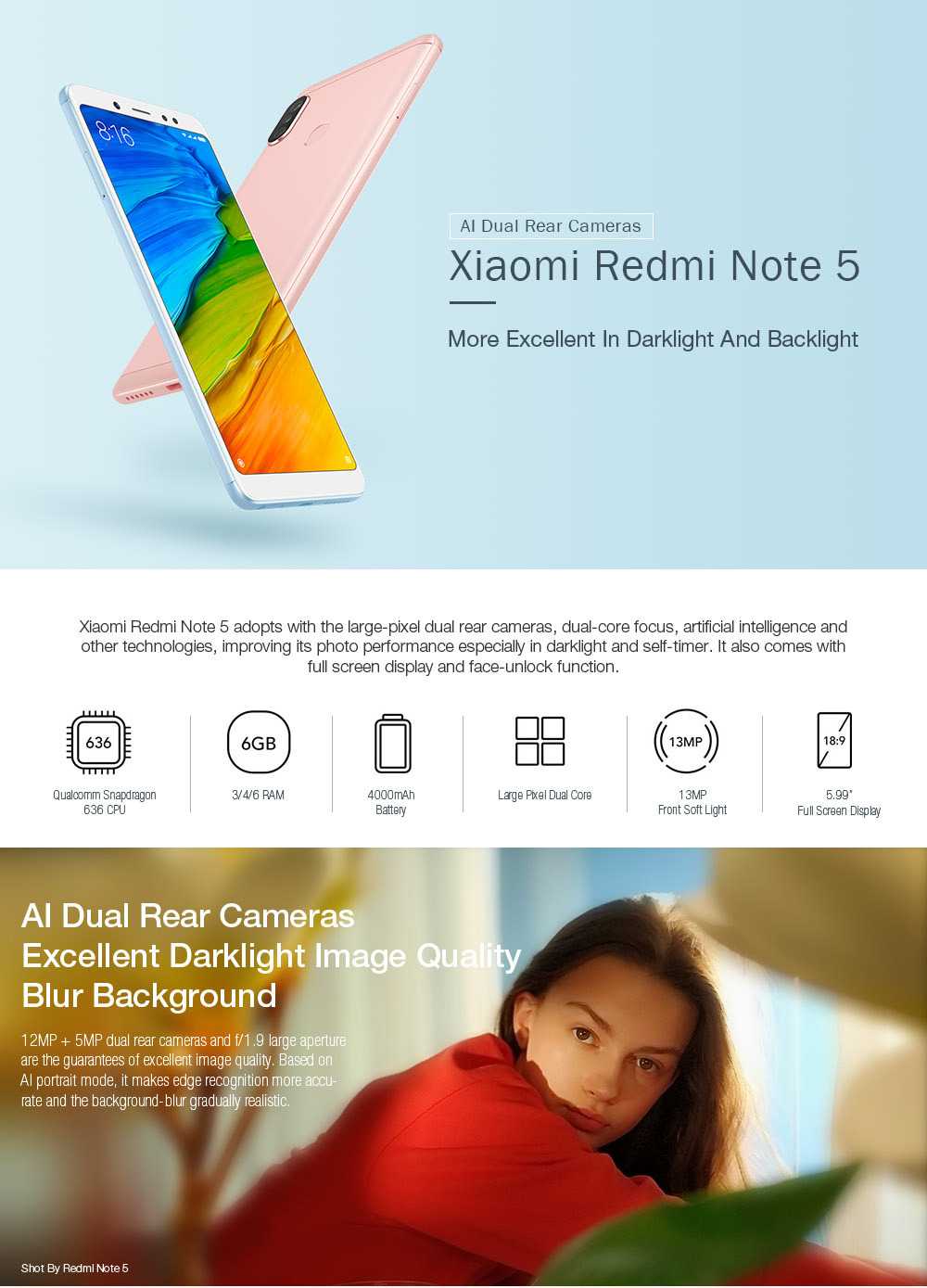 Xiaomi Redmi Note 5 5.99 Inch Smartphone Snapdragon 636 Octa Core 4GB 64GB 5.0MP+12MP Dual Rear Cameras MIUI 9 OS 18:9 Full Screen - Black